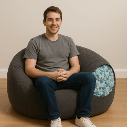 Man sitting on bean bag filled with mixed foam crumb