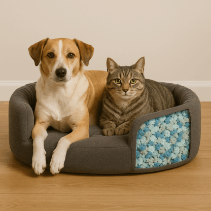 dog & cat in ped bed filled with shredded mixed foam