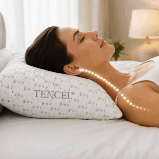 Tencel memory foam pillow supporting neck and spine alignment for pressure relief and cooling comfort