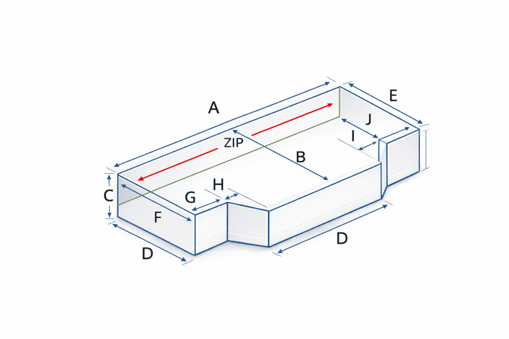 Diagram showing how to measure a T-shaped truck or lorry mattress with labelled dimensions