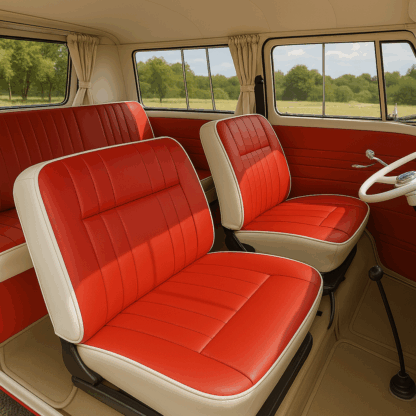 Campervan Interior Upholstery in Pillar box Red Chieftain vinyl