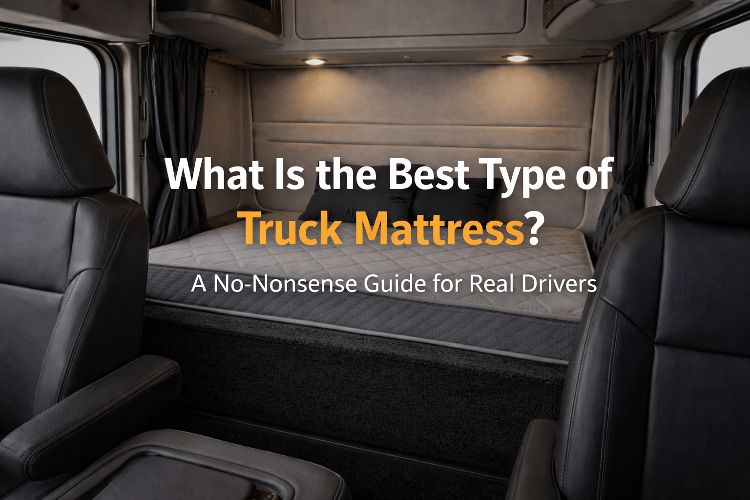 Truck cab mattress in sleeper bunk with guide title “What Is the Best Type of Truck Mattress?”