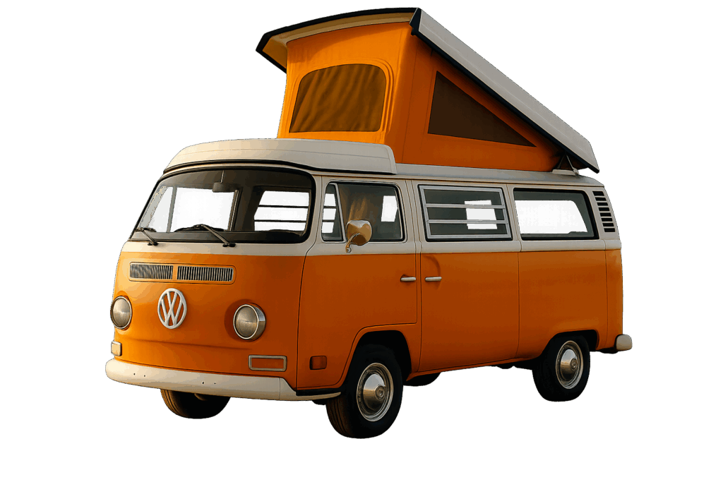 Classic orange VW campervan with pop-top roof raised, isolated on transparent background