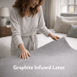 Graphite infused latex mattress topper being smoothed on a bed in a modern bedroom