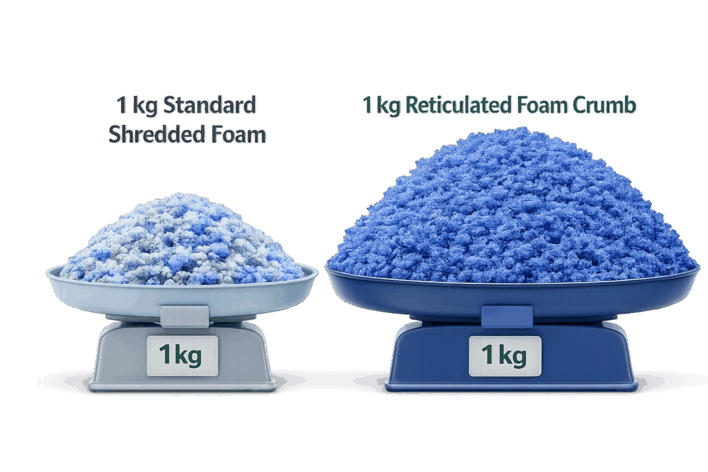 1kg reticulated foam crumb compared to 1kg standard shredded foam showing up to 2.5 times more volume