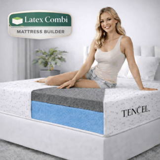 Latex Combi Mattress Builder showing layered latex and foam mattress with TENCEL™ cover and model seated on bed