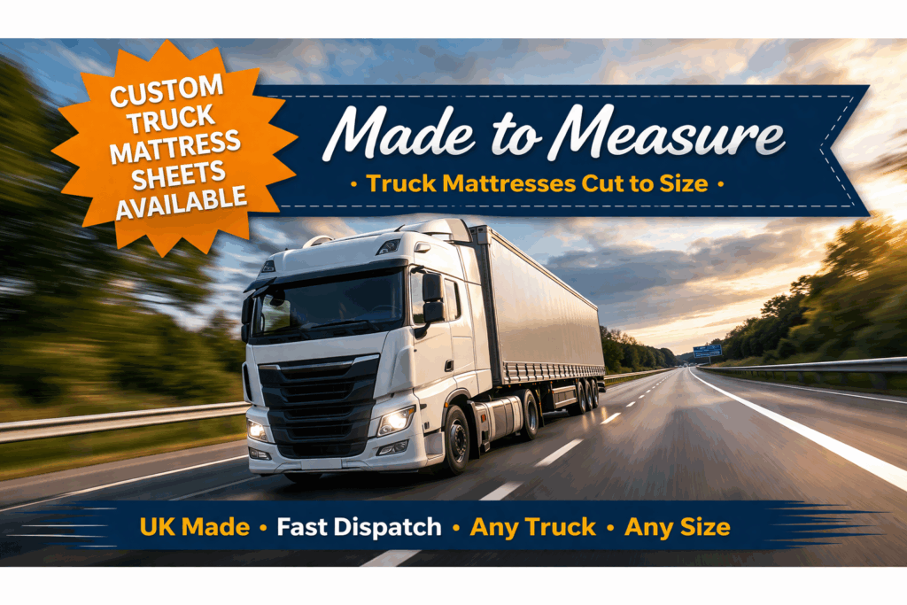 Custom truck mattress sheets available banner with HGV truck driving on motorway – made to measure truck mattresses UK